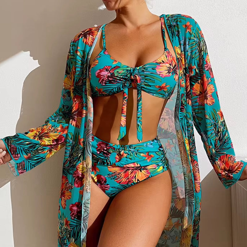 Bohemian Print Sexy Women'S Beach Bikinis Three Pieces Bikini Set Cover up Swimwear High Waisted Bikini Set Women Swimsuit 2026