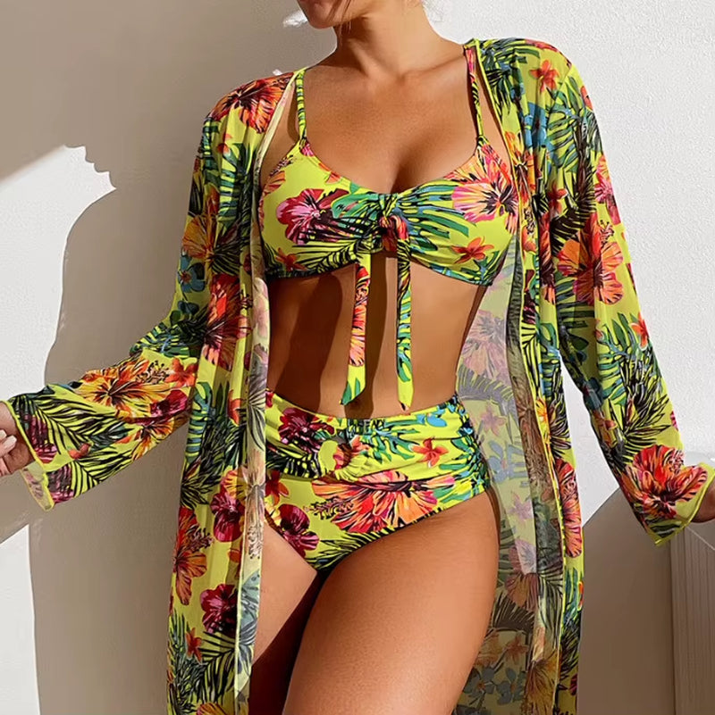 Bohemian Print Sexy Women'S Beach Bikinis Three Pieces Bikini Set Cover up Swimwear High Waisted Bikini Set Women Swimsuit 2026