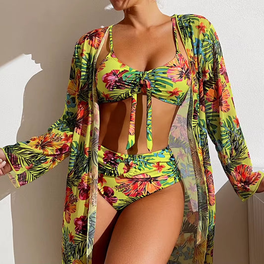 Bohemian Print Sexy Women'S Beach Bikinis Three Pieces Bikini Set Cover up Swimwear High Waisted Bikini Set Women Swimsuit 2026