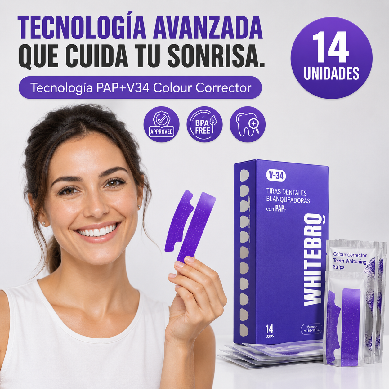 WhiteBro V34 Tiras Blanqueadoras Dentales · 14 Tratamientos